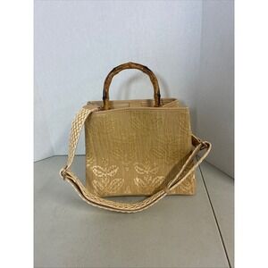 Moda‎ Luxe Beige Woven Straw Floral Tote Bag Bamboo Handle Crochet Strap NEW